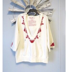 Lucky Brand Large Ivory Red Embroidered Hoodie Deep V Neck Boho Cotton Pullover